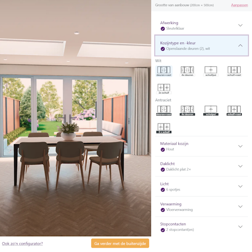 Aanbouw gezien vanuit de binnenzijde, met rechts mogelijkheden voor configuratie