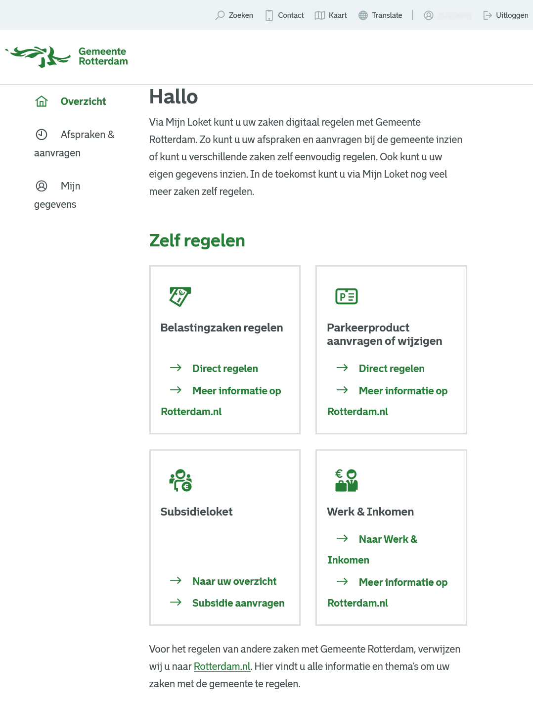 Persoonlijk dashboard van webapplicatie Mijn Loket van de gemeente Rotterdam